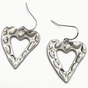 Heart-Shaped Hammered Irregular Heart Pendant Earrings - Silver Electro-Plated